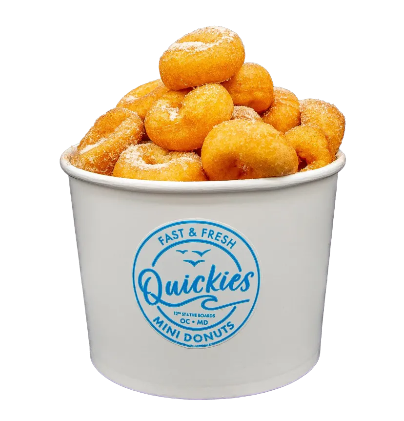 Bucket of fresh cinnamon sugar mini donuts from Quickies on the Ocean City boardwalk